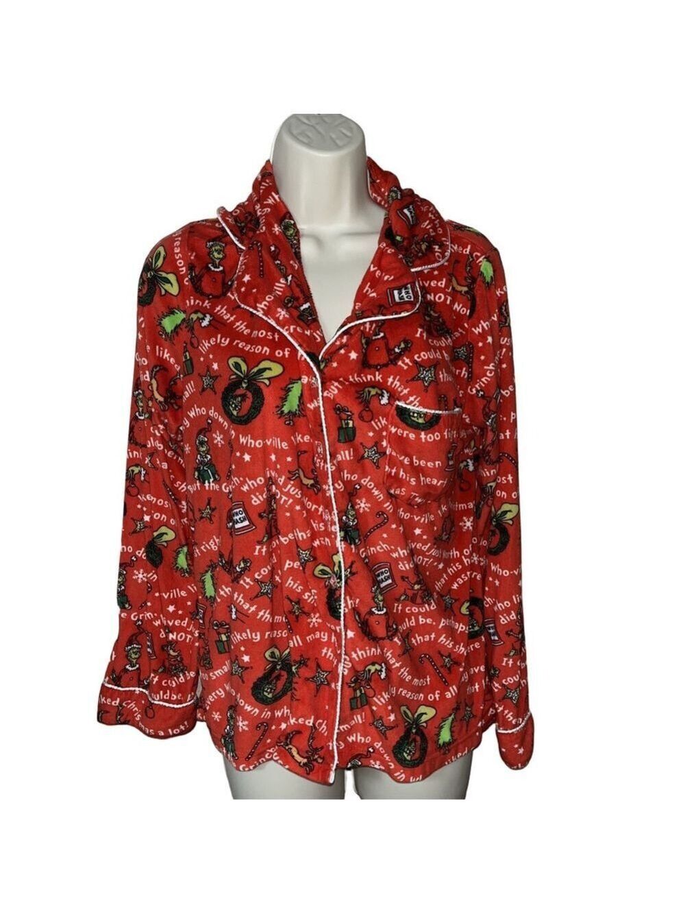 The Grinch Pajama Top Women’s Medium Red Long Sleeve Fleece Button Christmas